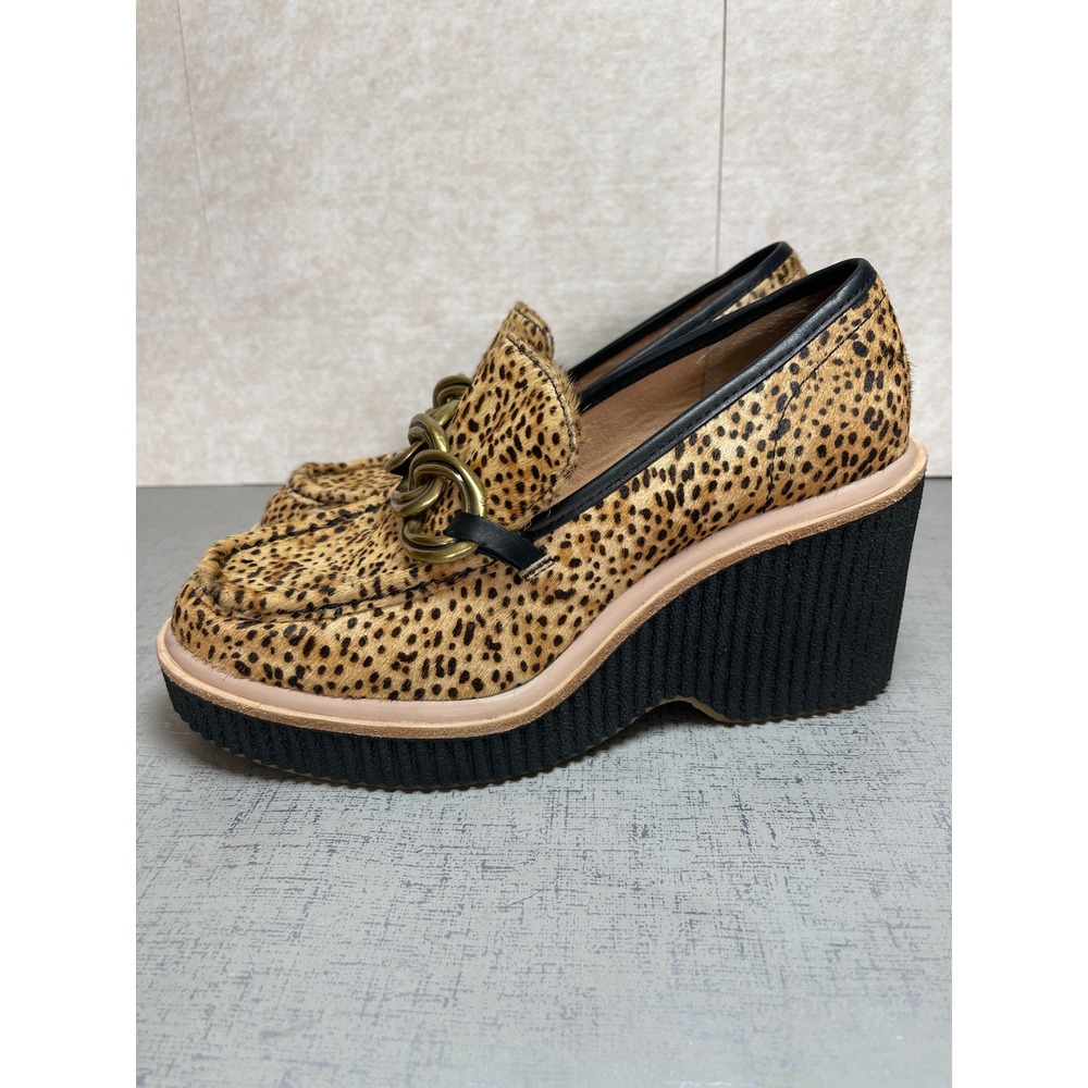 Dolce Vita Brenan Leopard Calf Hair Platform Wedge Loafers Gold Chain Size 8